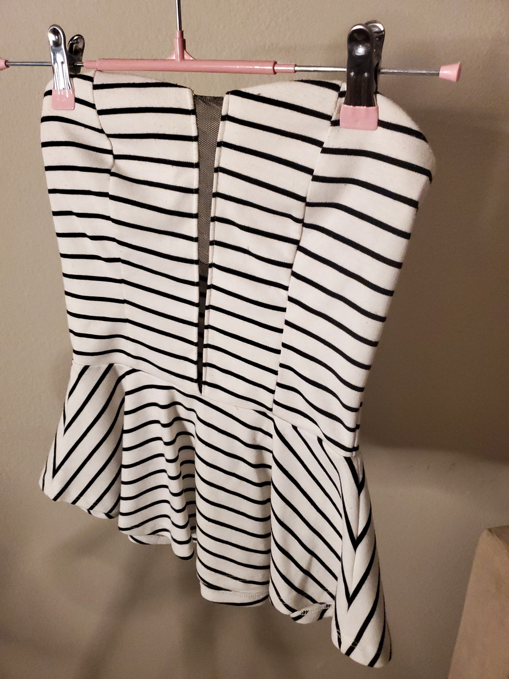 Charlotte Russe White and Black Striped Peplum Strapless Top